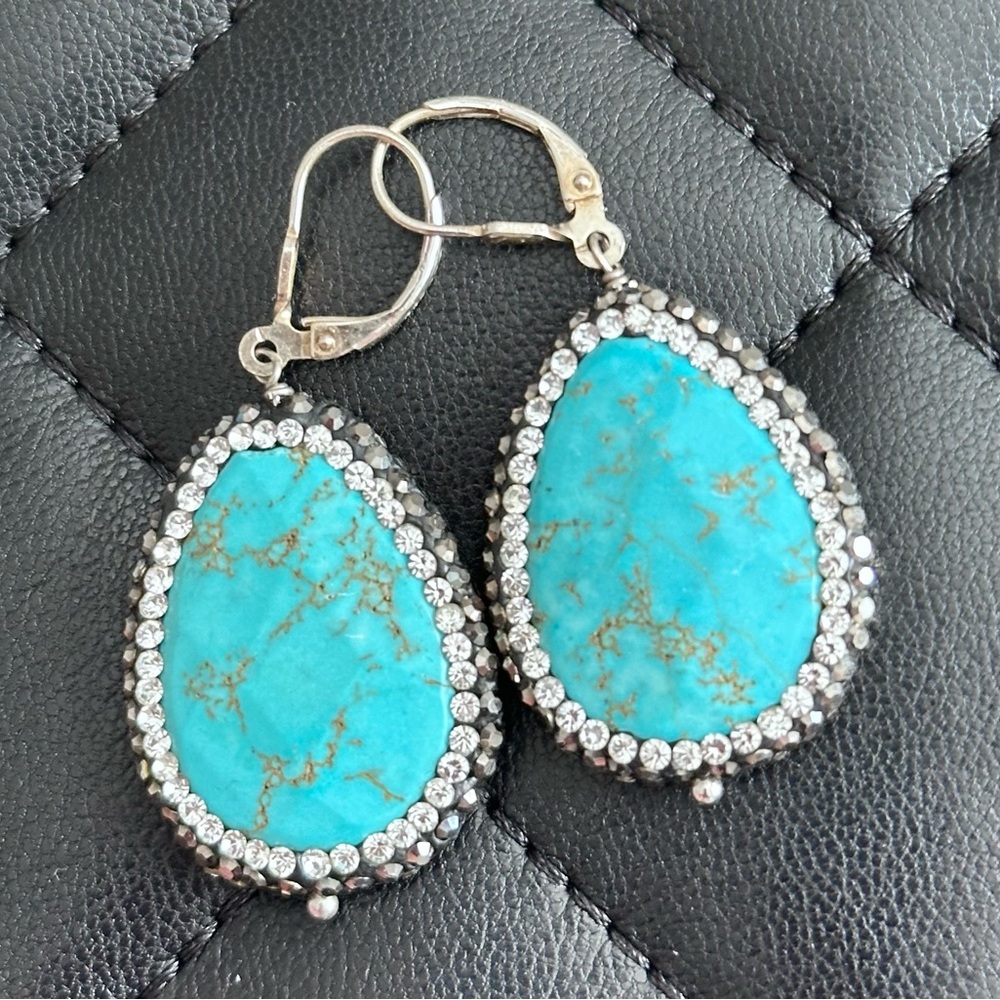 ❤️ SOLD
Turquoise Crystal and Silver Teardrop Earrings